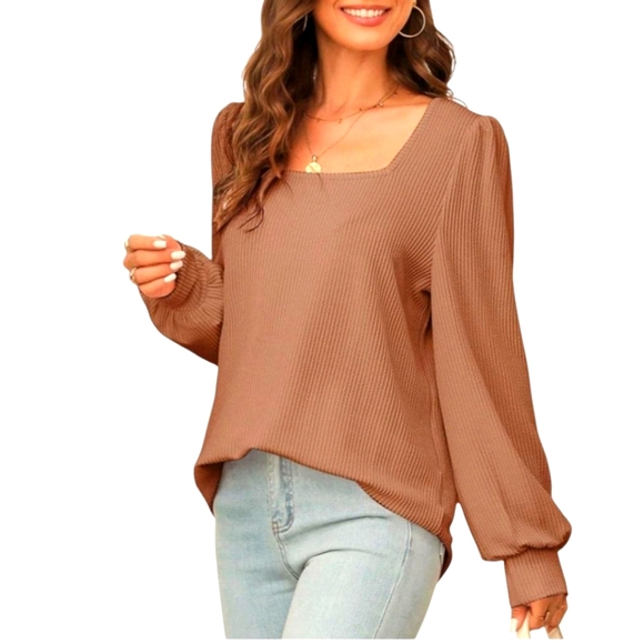 Dokotoo Tops - Tan Long Sleeve Square Neck Puff Sleeves Relaxed Blouse Top Sz XL